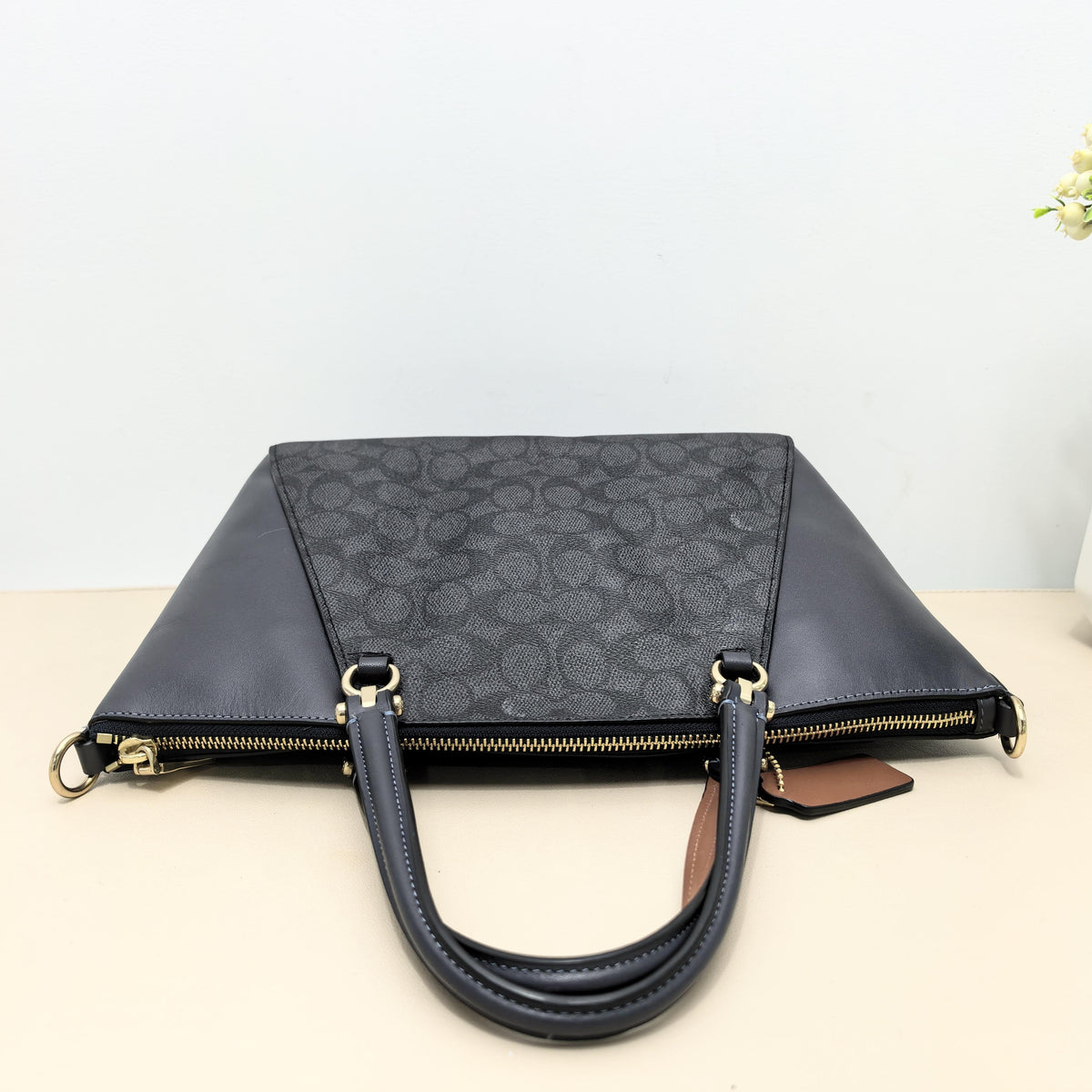 Black Signature Canvas Smooth Leather Zipper Tote Crossbody Bag