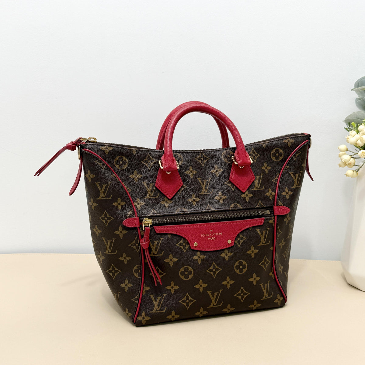 Monogram Tote Bag with Red Leather Trim