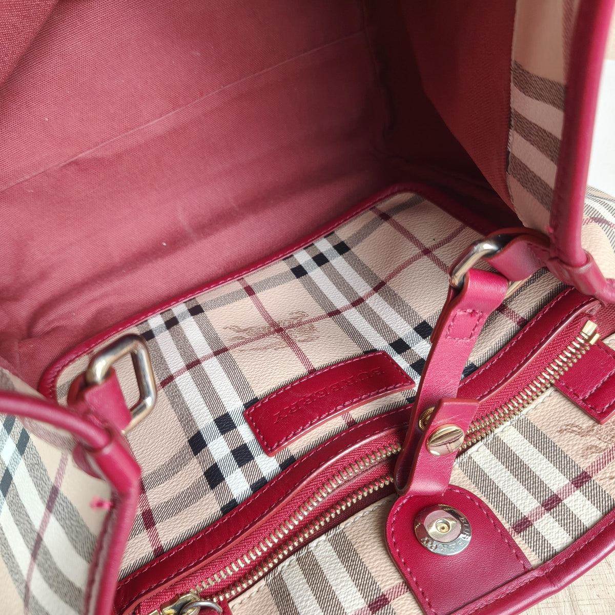 Haymarket Check Burgundy Leather Trim Hobo Tote Shoulder Bag