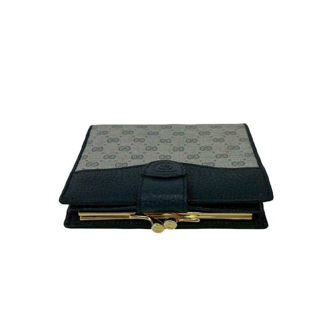Pre-owned GUCCI Canvas Small Leather Goods Vintage Micro GG Bi Fold Wallet Black Leather Trim Kisslock Coin Purse