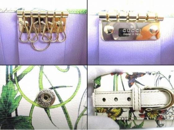 Pre-owned GUCCI Calfskin Small Leather Goods Flora Butterfly Print Horsebit Buckle Strap Short Key Case