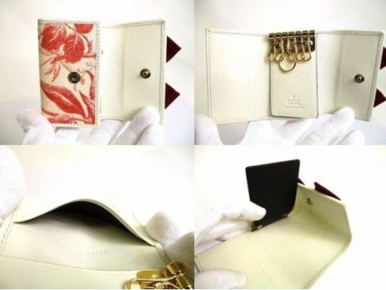 Pre-owned GUCCI Coated Canvas Small Leather Goods Off white Red Floral Print Corduroy Bow Interlocking GG Short Wallet