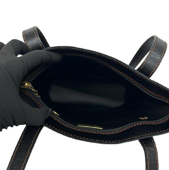Yves Saint Laurent Vintage Black Smooth Cowhide Leather Bottom Logo Pattern Bucket Tote Shoulder Bag