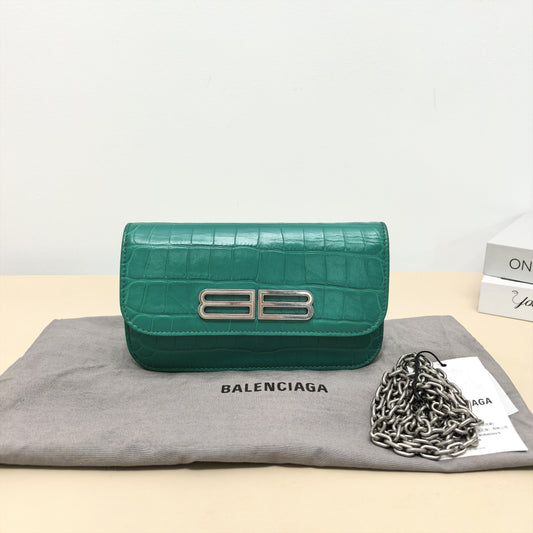 Pre-owned Balenciaga Calfskin Shoulder Bags Gossip Croc Embossed Leather Wallet On Chain