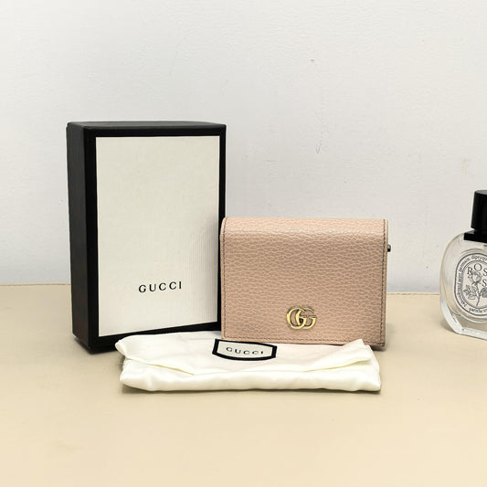 Gucci Light Pink Grained Leather GG Gold Logo Bi fold Wallet