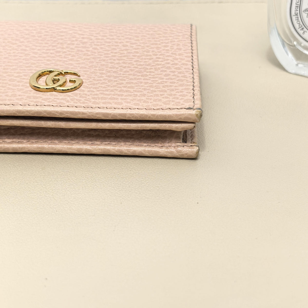 Gucci Light Pink Grained Leather GG Gold Logo Bi fold Wallet
