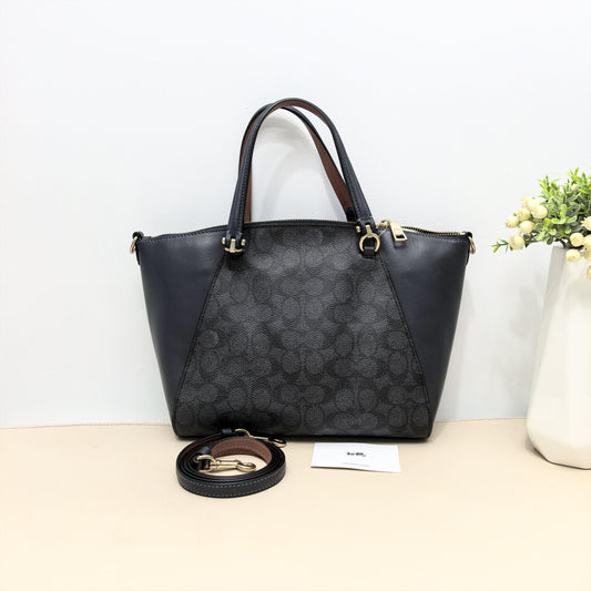 Black Signature Canvas Smooth Leather Zipper Tote Crossbody Bag
