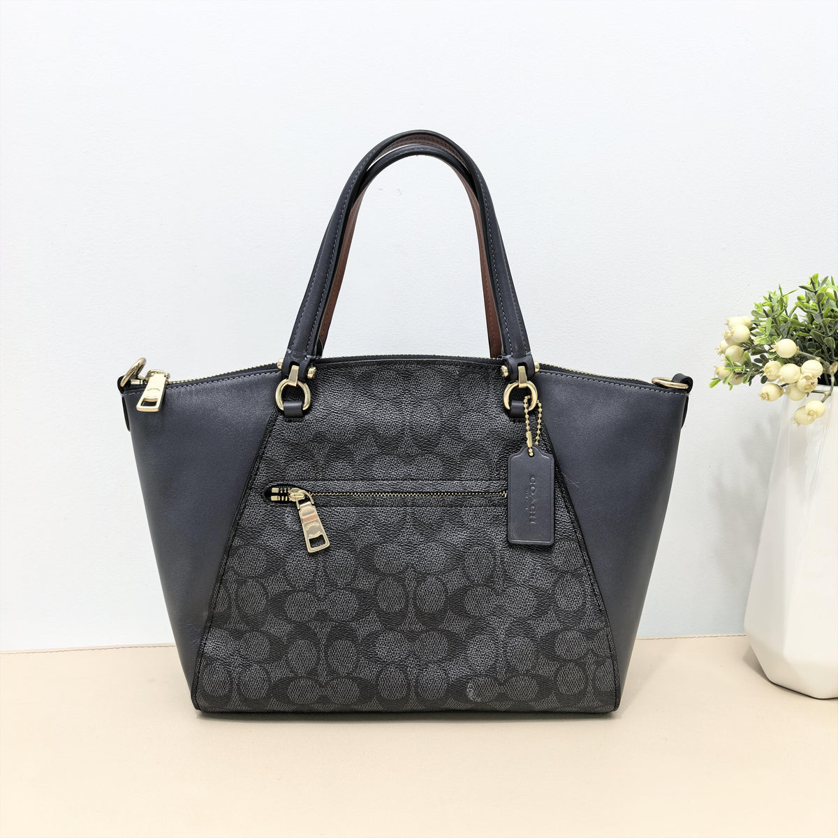 Black Signature Canvas Smooth Leather Zipper Tote Crossbody Bag