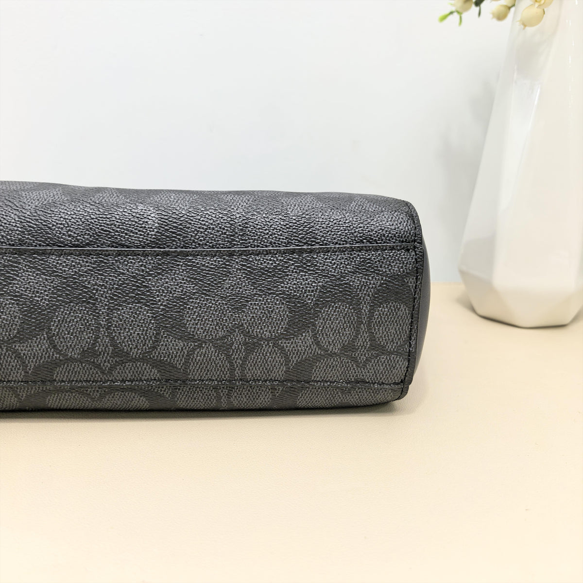 Black Signature Canvas Smooth Leather Zipper Tote Crossbody Bag