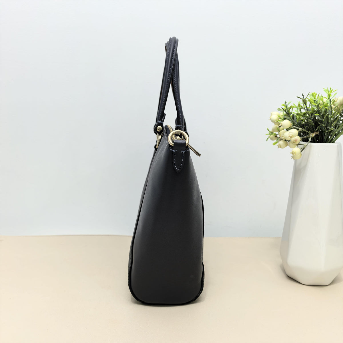 Black Signature Canvas Smooth Leather Zipper Tote Crossbody Bag