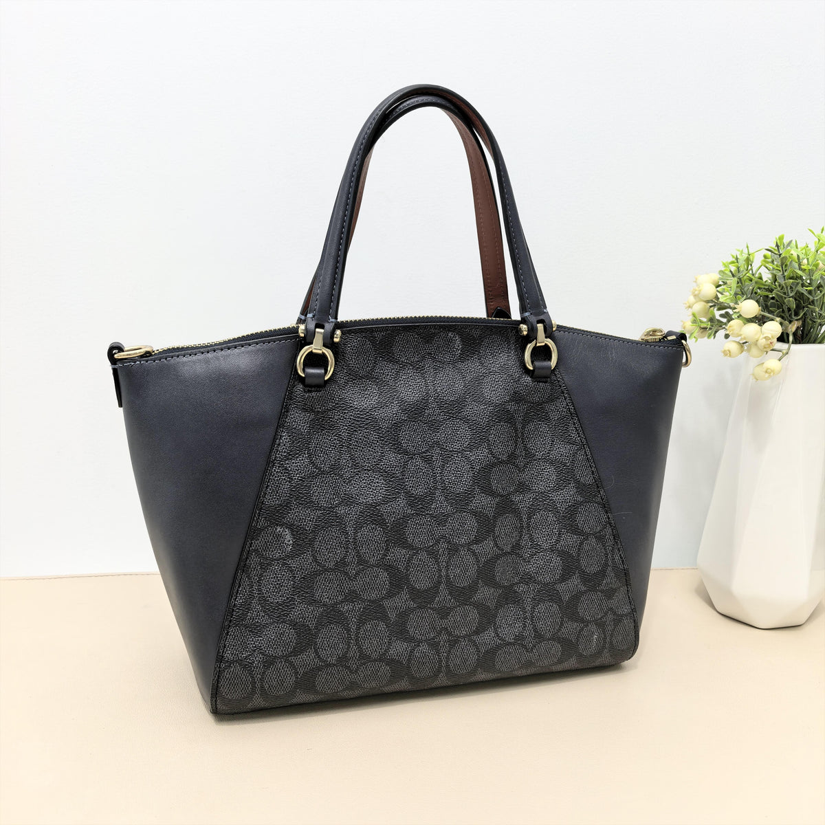 Black Signature Canvas Smooth Leather Zipper Tote Crossbody Bag