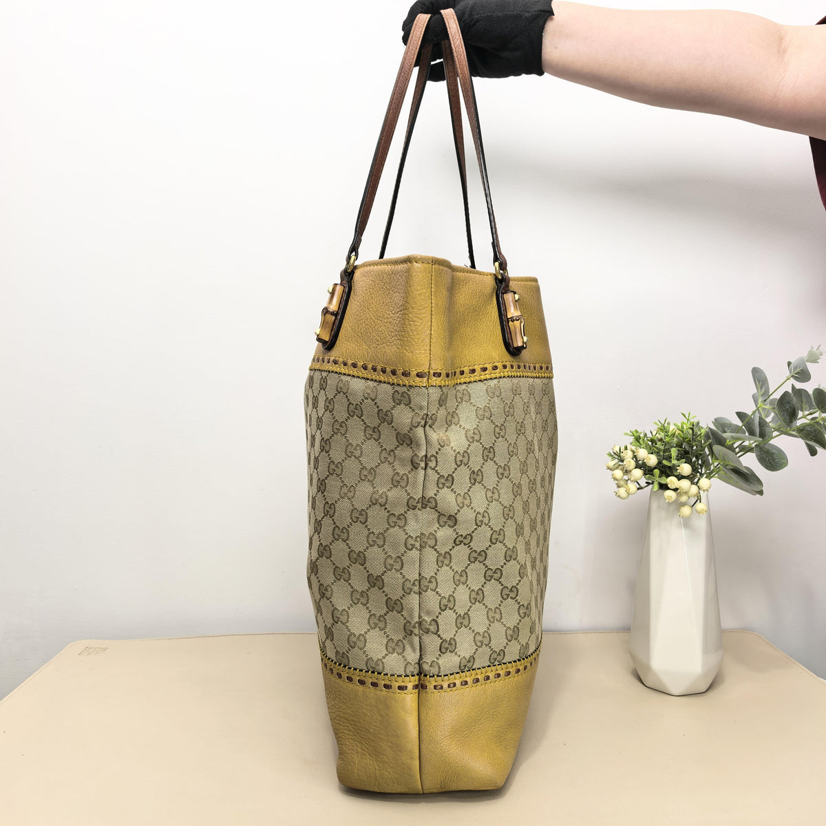 GG & Leather Bamboo Handle Tote Bag