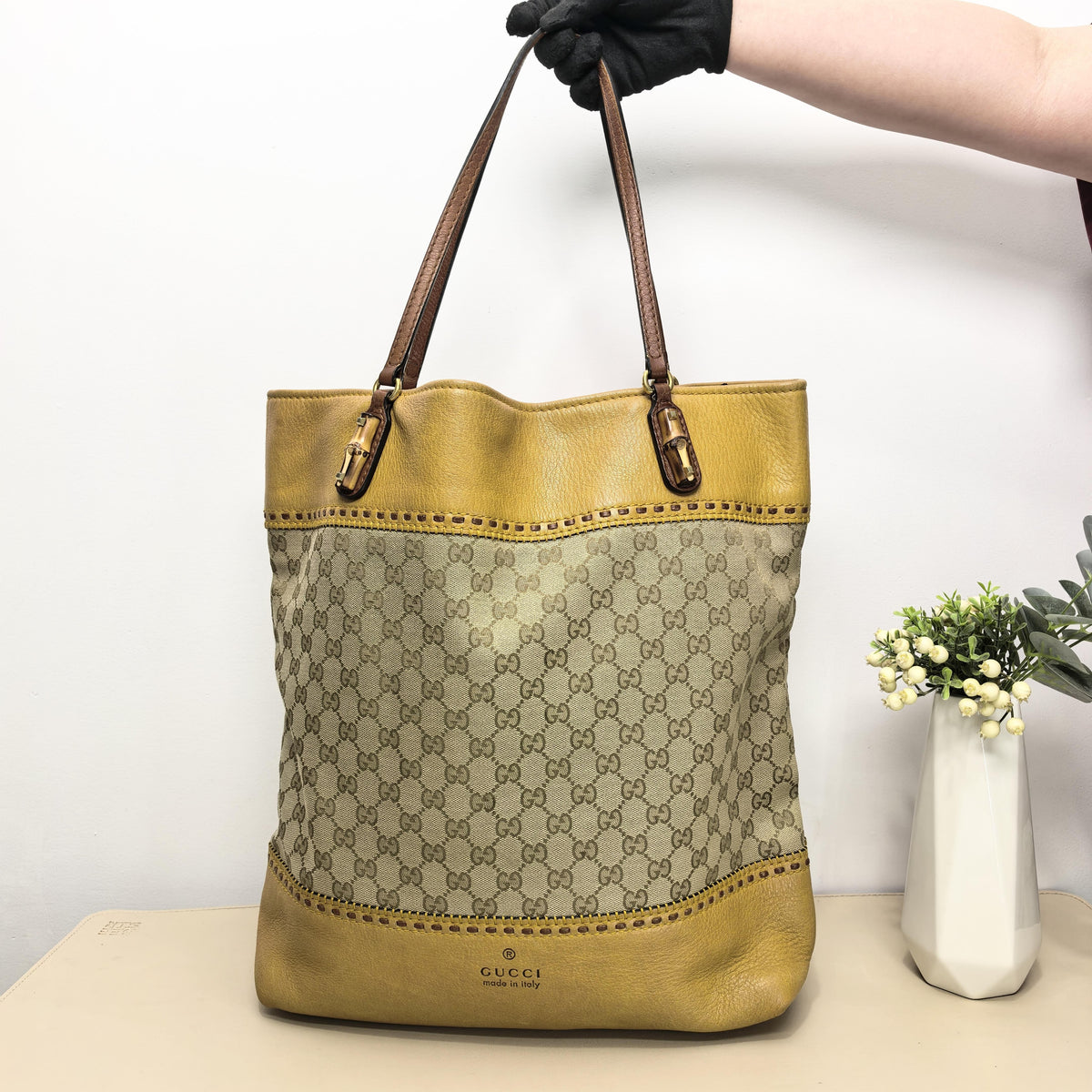 GG & Leather Bamboo Handle Tote Bag