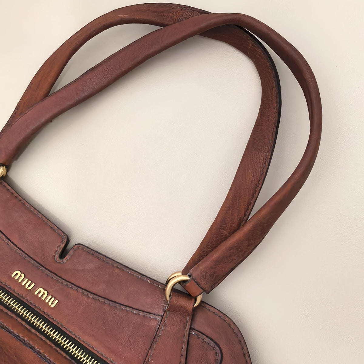 Miu Miu Vintage Dark Brown Distressed Leather Boston Handbag With Braided Strap