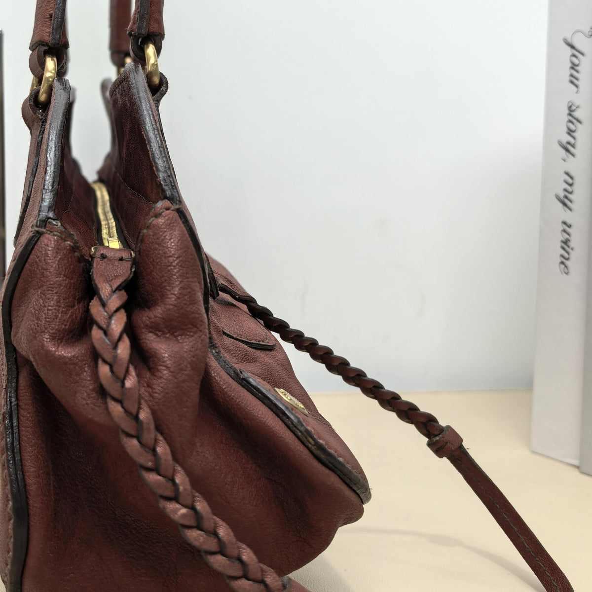 Miu Miu Vintage Dark Brown Distressed Leather Boston Handbag With Braided Strap
