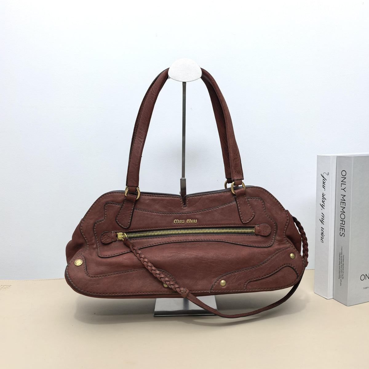 Miu Miu Vintage Dark Brown Distressed Leather Boston Handbag With Braided Strap
