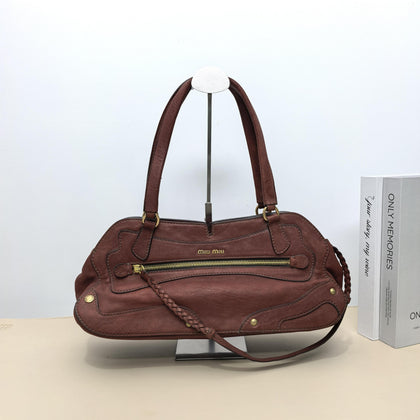 Miu Miu Vintage Dark Brown Distressed Leather Boston Handbag With Braided Strap