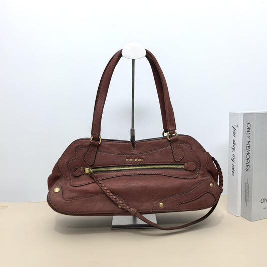 Miu Miu Vintage Dark Brown Distressed Leather Boston Handbag With Braided Strap