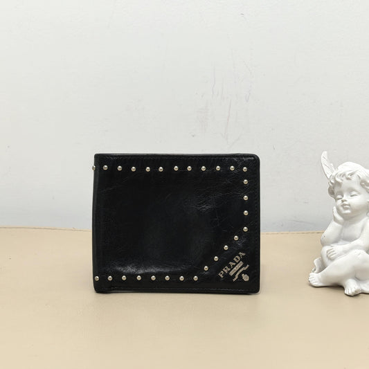 Pre-owned PRADA Calfskin Small Leather Goods Black Distressed Cracked Leather Studded Bifold Wallet
