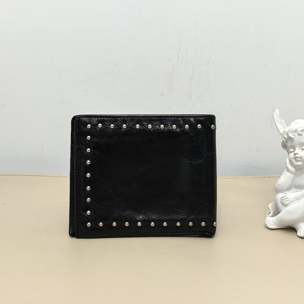 Pre-owned PRADA Calfskin Small Leather Goods Black Distressed Cracked Leather Studded Bifold Wallet
