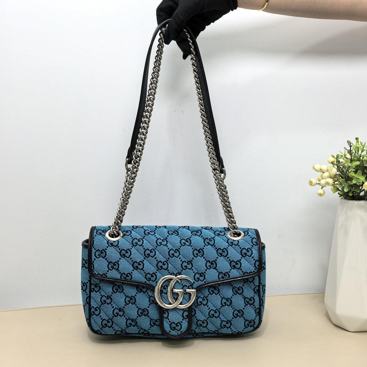 Gucci Turquoise GG Quilted Marmont Silver Double G Chain Crossbody Bag