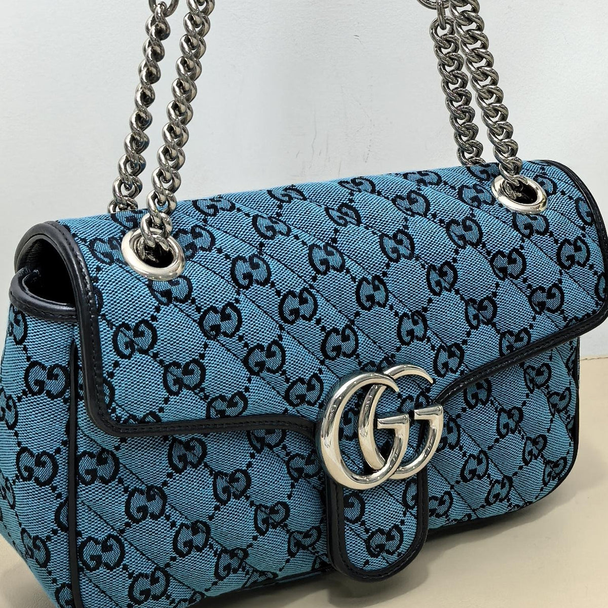 Gucci Turquoise GG Quilted Marmont Silver Double G Chain Crossbody Bag