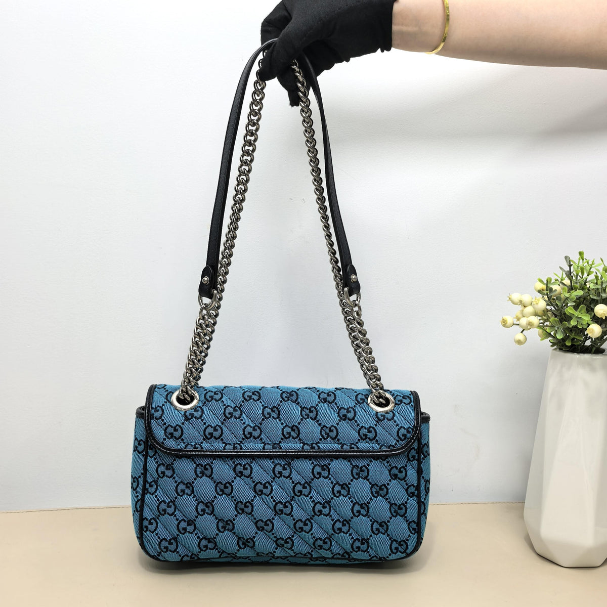 Gucci Turquoise GG Quilted Marmont Silver Double G Chain Crossbody Bag