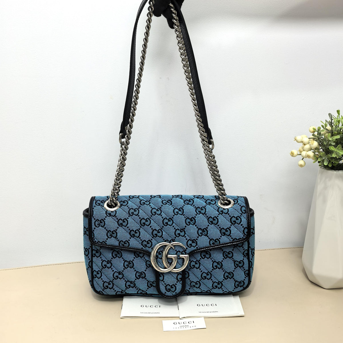 Gucci Turquoise GG Quilted Marmont Silver Double G Chain Crossbody Bag