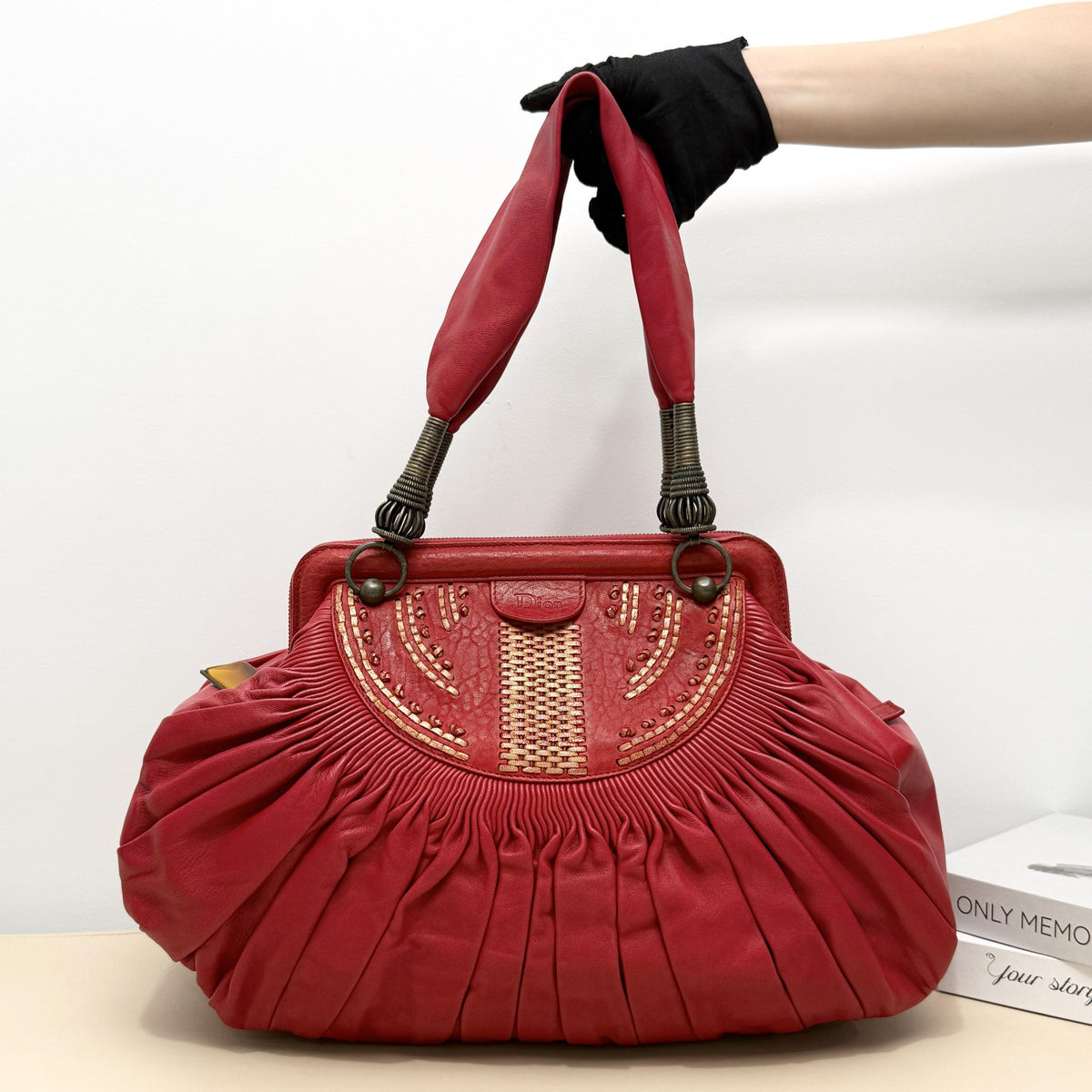 Dior Red Ruched Embroidery Metal Handle Boston Handbag
