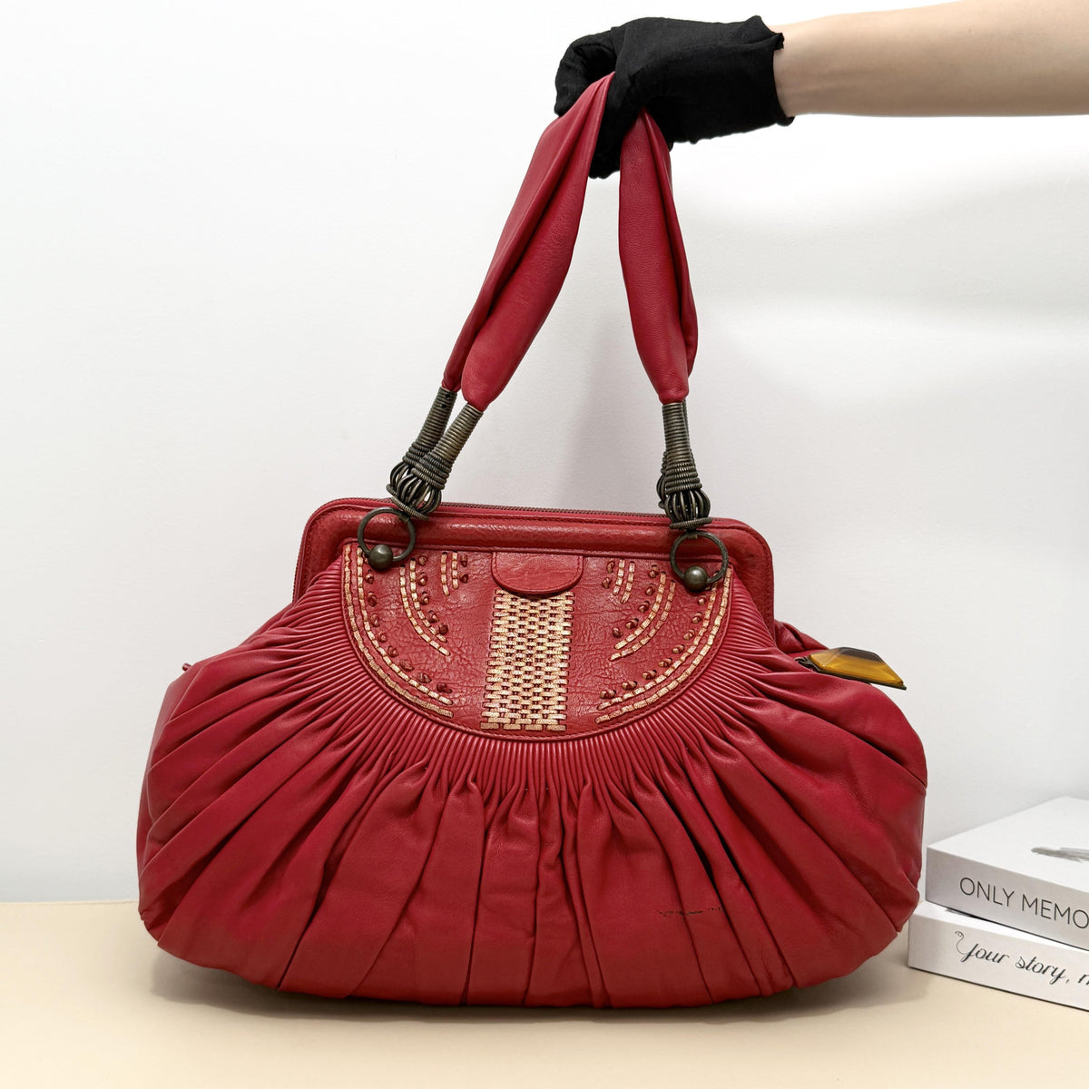 Dior Red Ruched Embroidery Metal Handle Boston Handbag