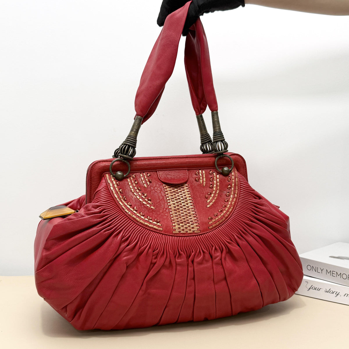 Dior Red Ruched Embroidery Metal Handle Boston Handbag