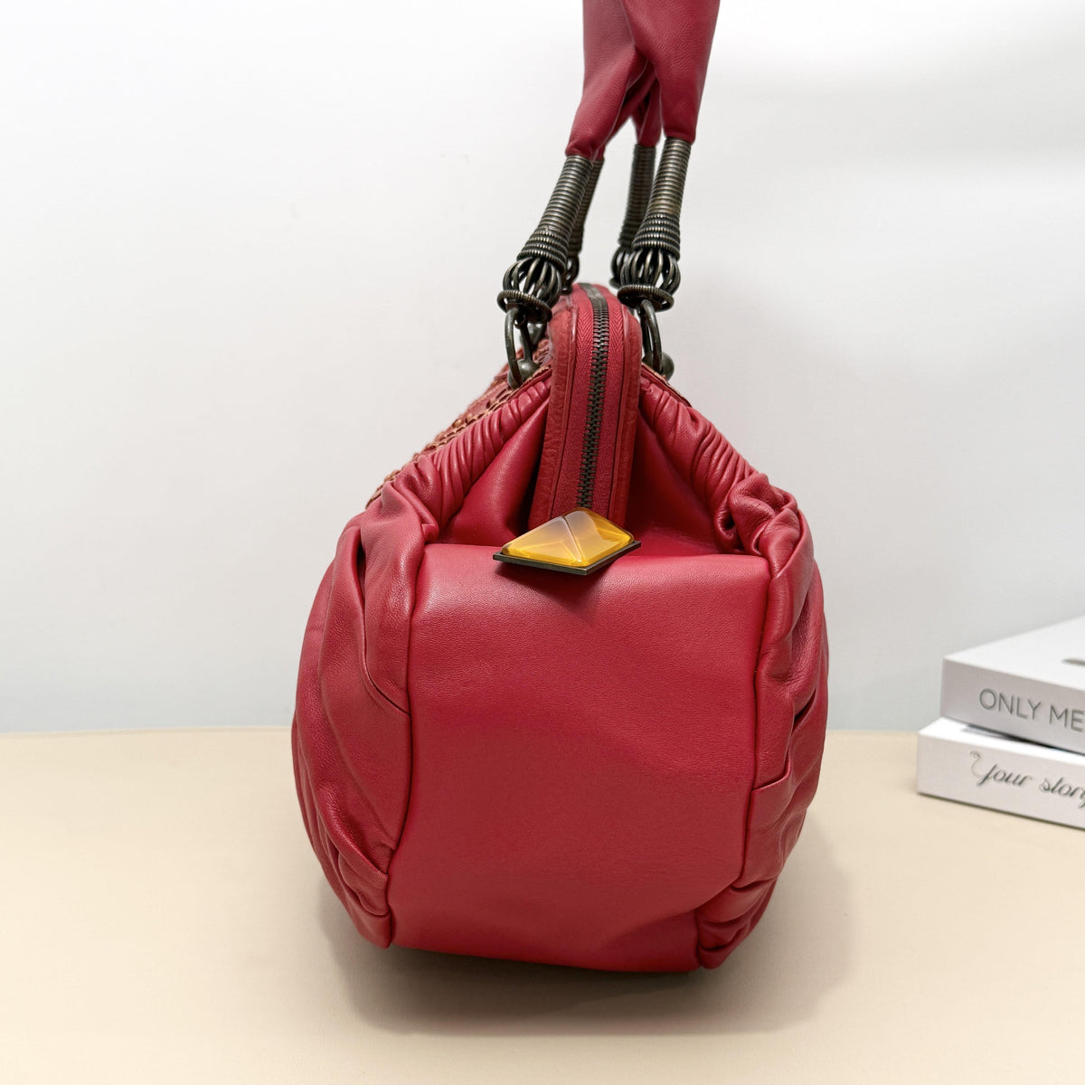 Dior Red Ruched Embroidery Metal Handle Boston Handbag