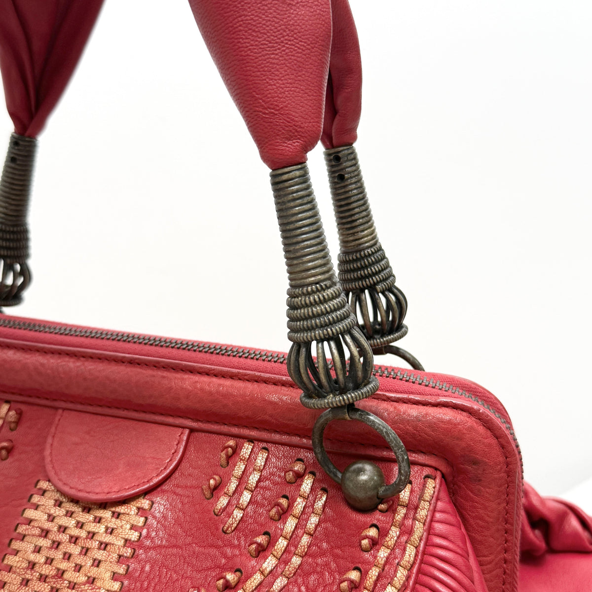 Dior Red Ruched Embroidery Metal Handle Boston Handbag