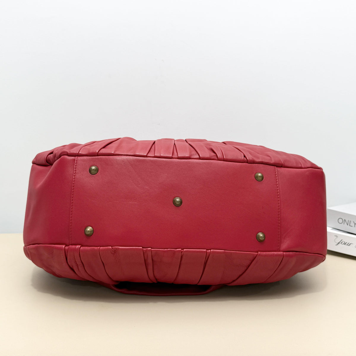 Dior Red Ruched Embroidery Metal Handle Boston Handbag