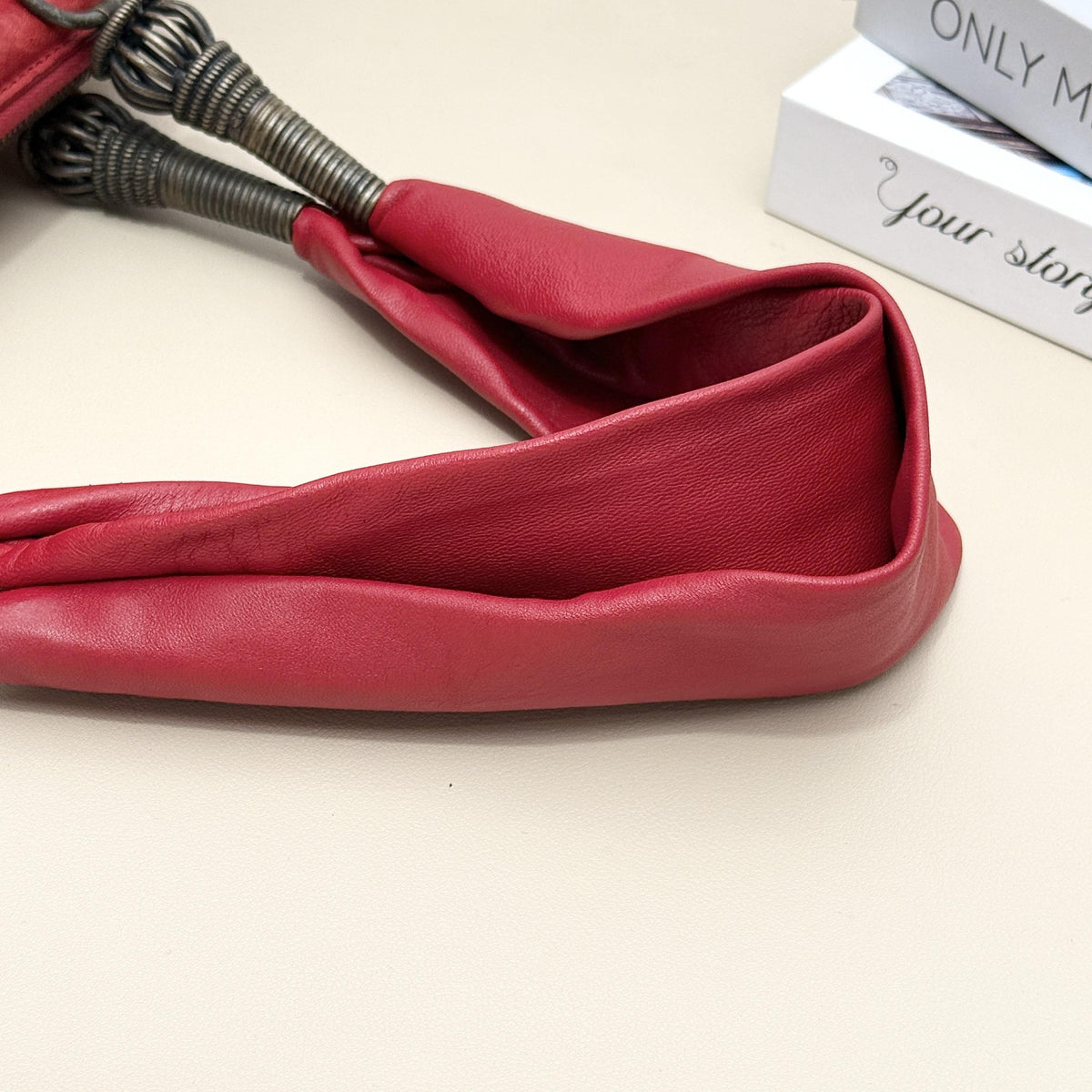 Dior Red Ruched Embroidery Metal Handle Boston Handbag