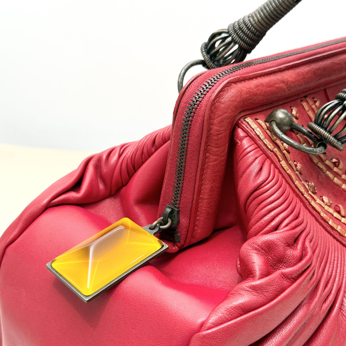 Dior Red Ruched Embroidery Metal Handle Boston Handbag