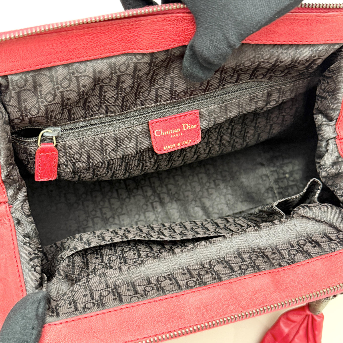 Dior Red Ruched Embroidery Metal Handle Boston Handbag