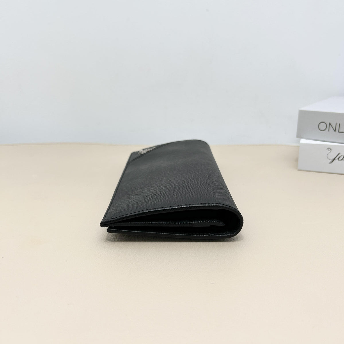 Pre-owned PRADA Calfskin Small Leather Goods Black Saffiano Leather Diagonal Metal Logo Bi fold Long Wallet