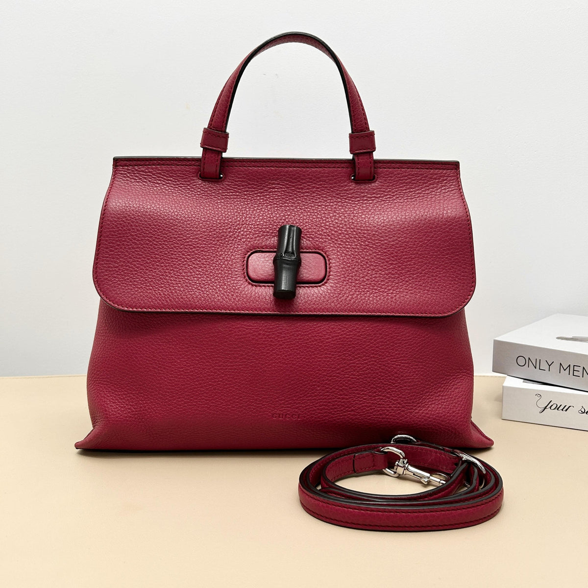 Fuchsia Grain Bamboo Turn lock Flap Tote Bag