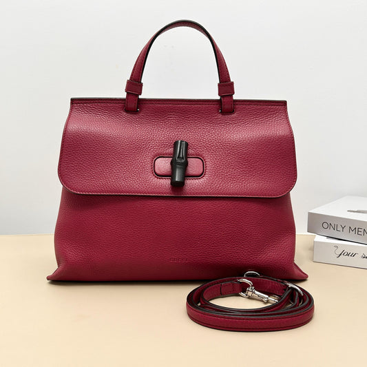 Fuchsia Grain Bamboo Turn lock Flap Tote Bag