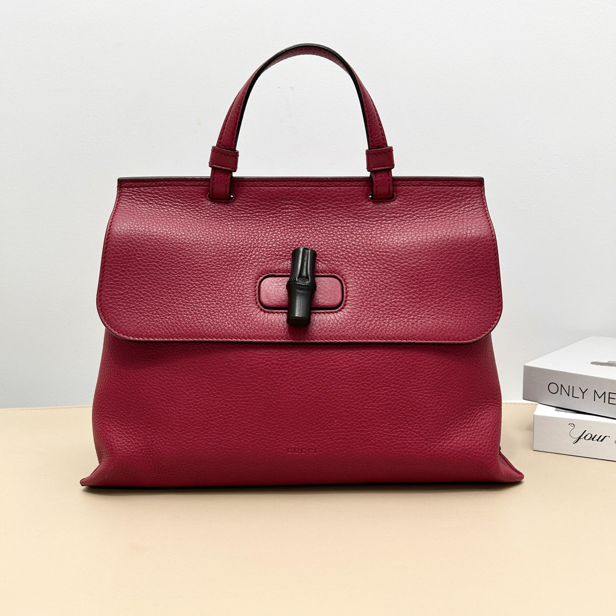 Fuchsia Grain Bamboo Turn lock Flap Tote Bag