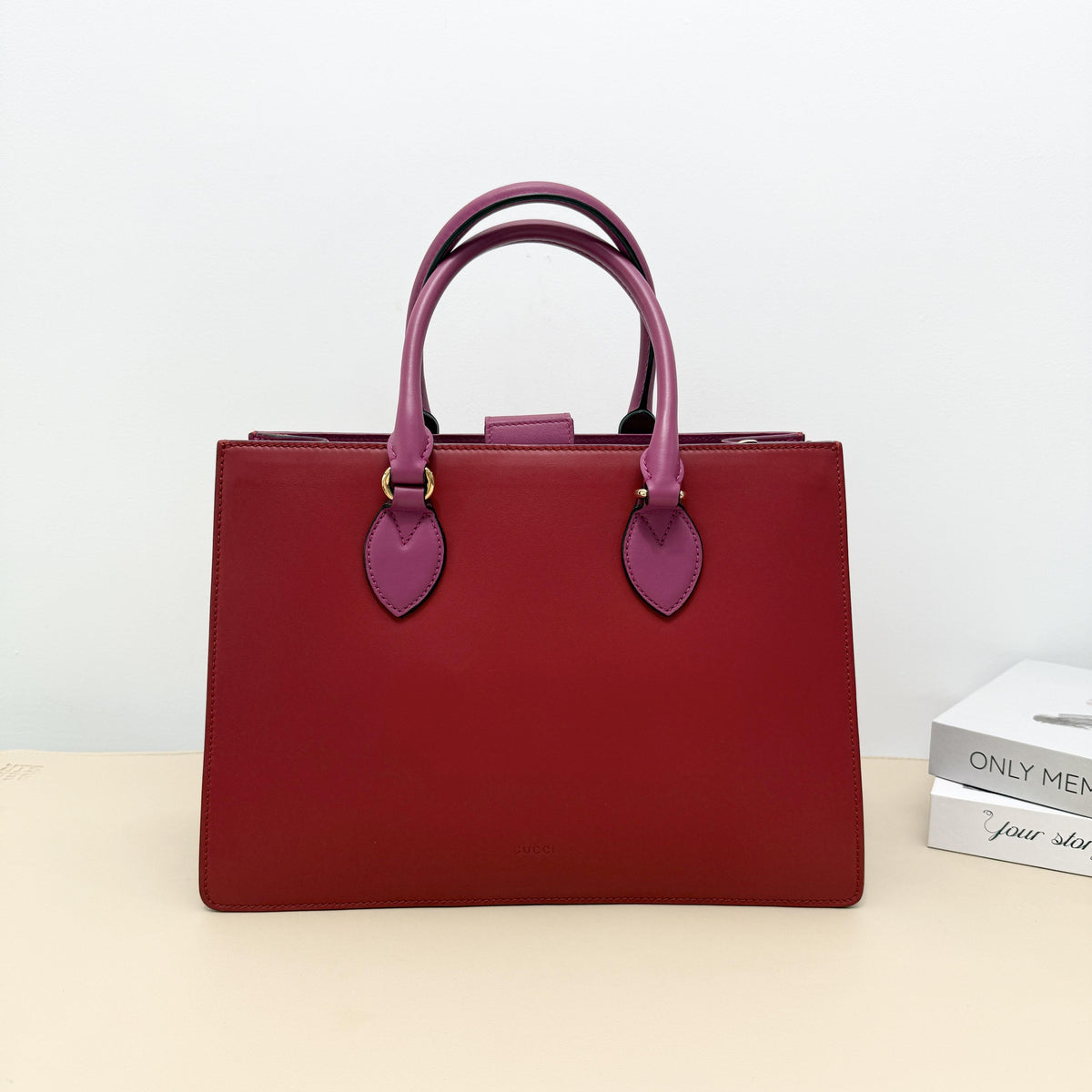 Gucci Red & Pink Color block Smooth Top Handle Tote Bag