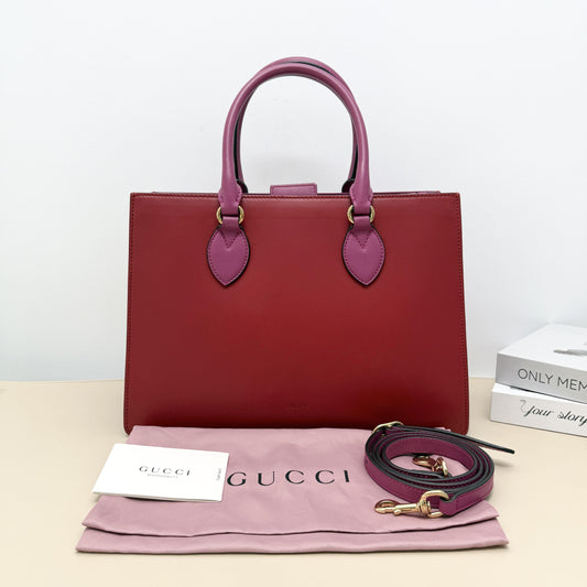 Gucci Red & Pink Color block Smooth Top Handle Tote Bag