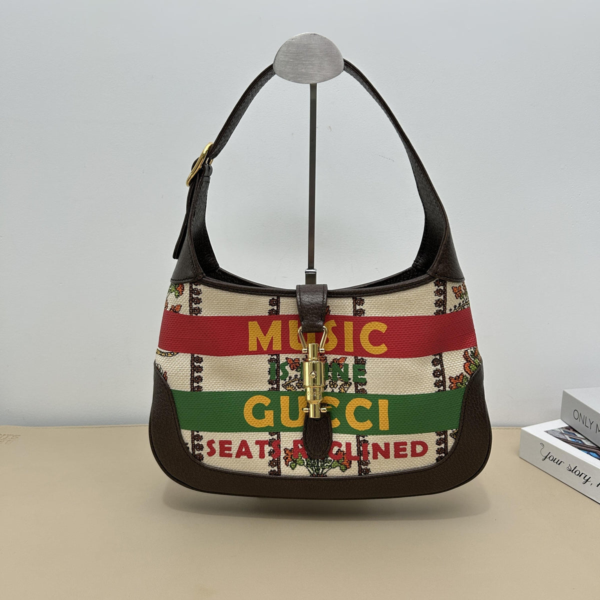 Jackie 1961 Limited Edition Slogan Floral Brown Leather Trim Hobo Shoulder Bag
