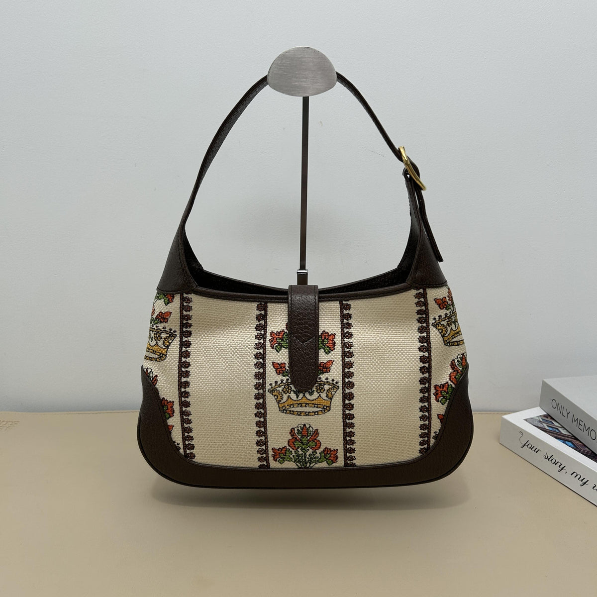 Jackie 1961 Limited Edition Slogan Floral Brown Leather Trim Hobo Shoulder Bag