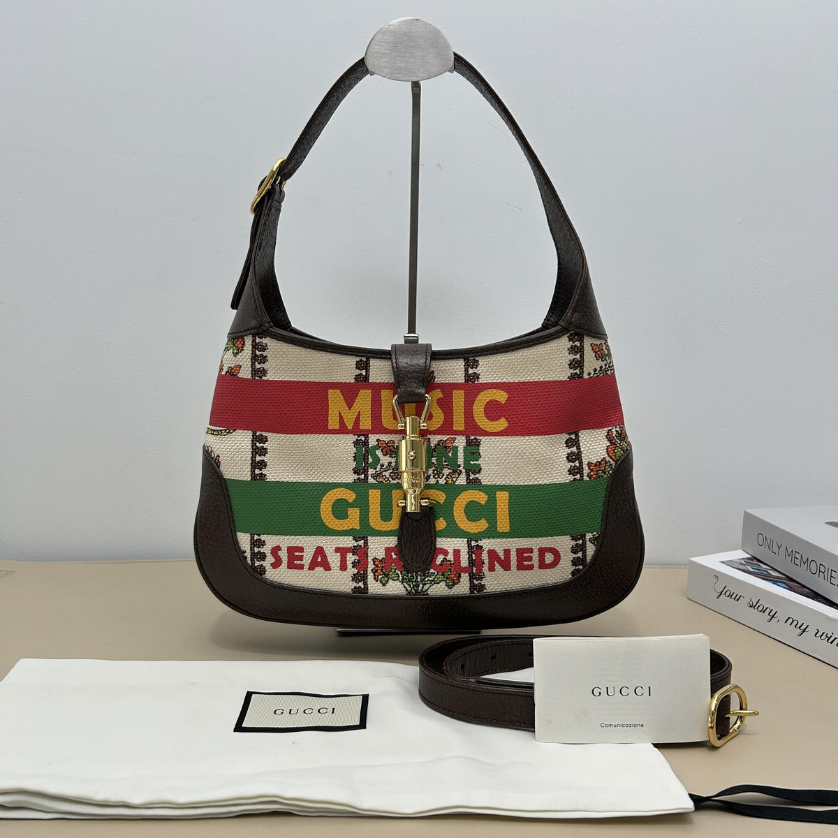 Jackie 1961 Limited Edition Slogan Floral Brown Leather Trim Hobo Shoulder Bag