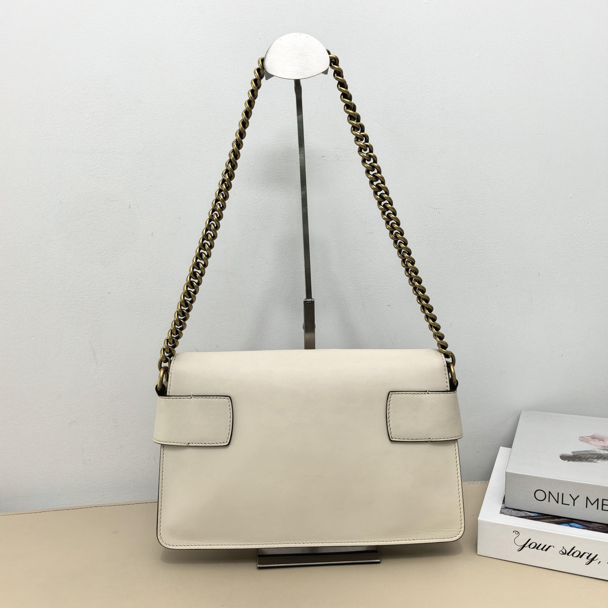 Pre-owned GUCCI Calfskin Shoulder Bags Off White Smooth Web Bow Tiger Head Flap Crossbody Bag