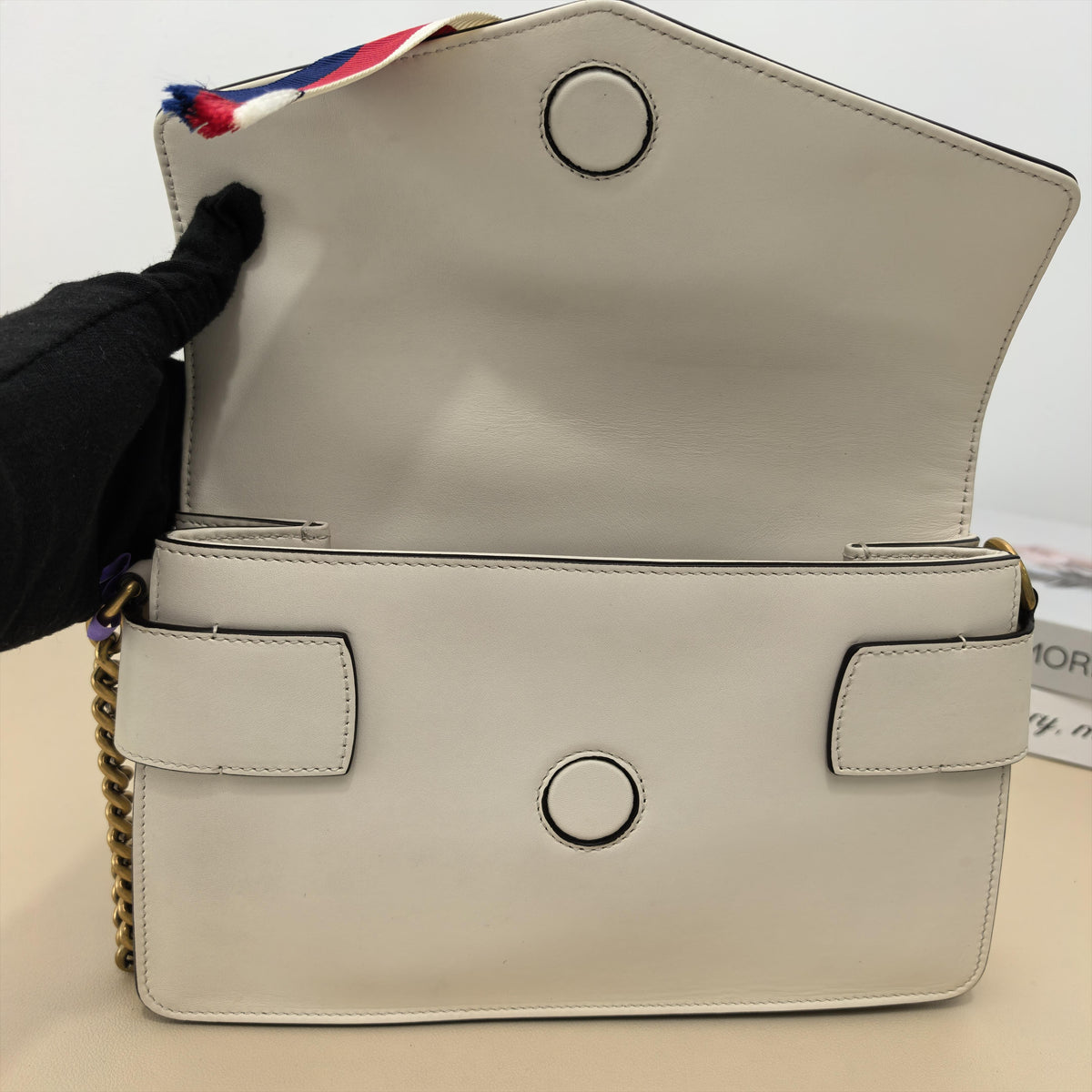 Pre-owned GUCCI Calfskin Shoulder Bags Off White Smooth Web Bow Tiger Head Flap Crossbody Bag
