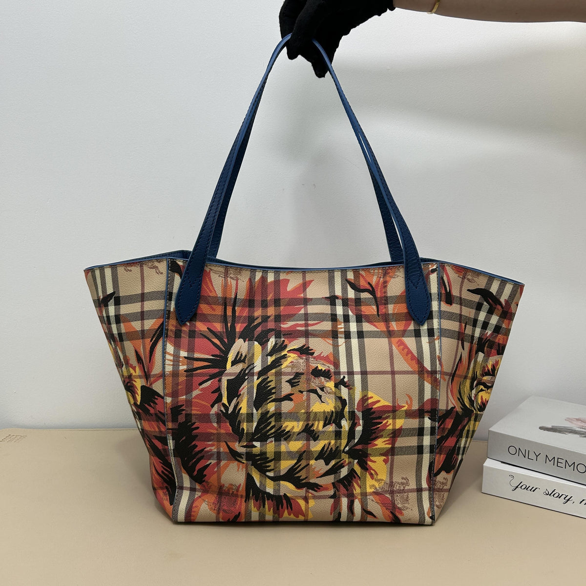 Vintage Check Floral Printed Navy Cowhide Leather Tote Bag