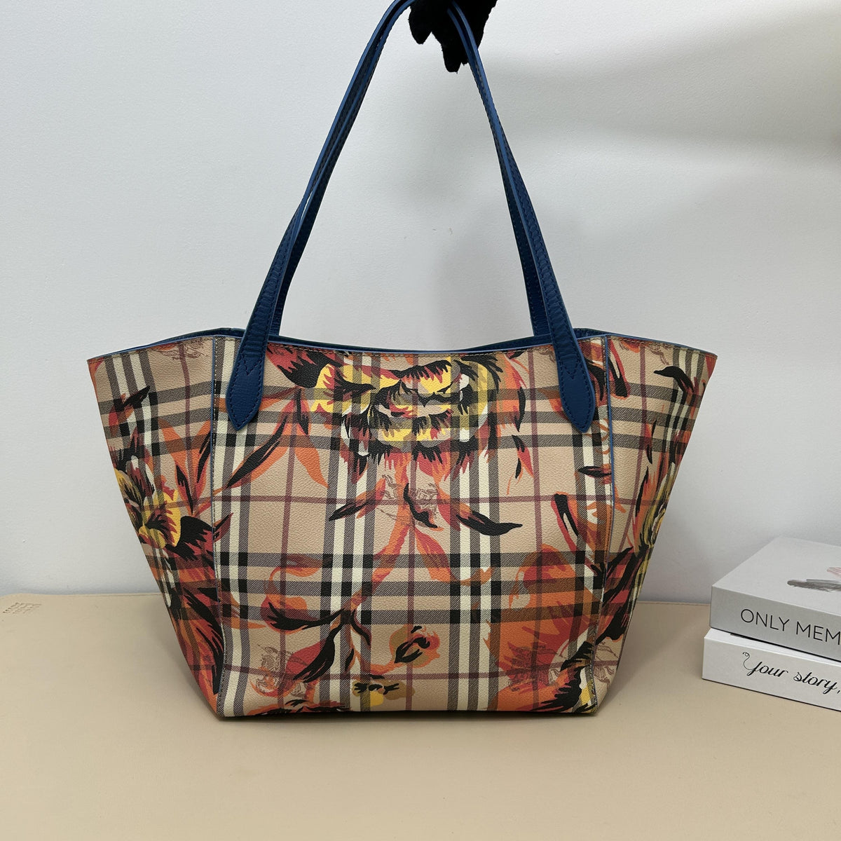 Vintage Check Floral Printed Navy Cowhide Leather Tote Bag